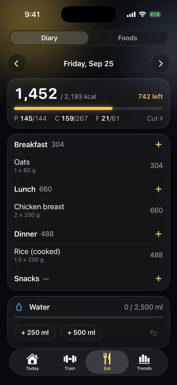 The food diary: calories against target, protein, carbs and fat, meals by the entry.